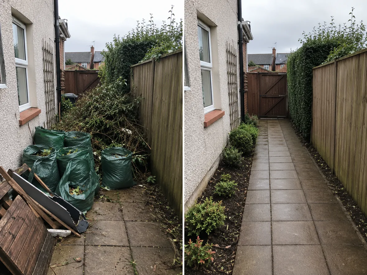 Before and after garden clearance showing bagged waste and branches removed from a narrow side path near Ballyclare